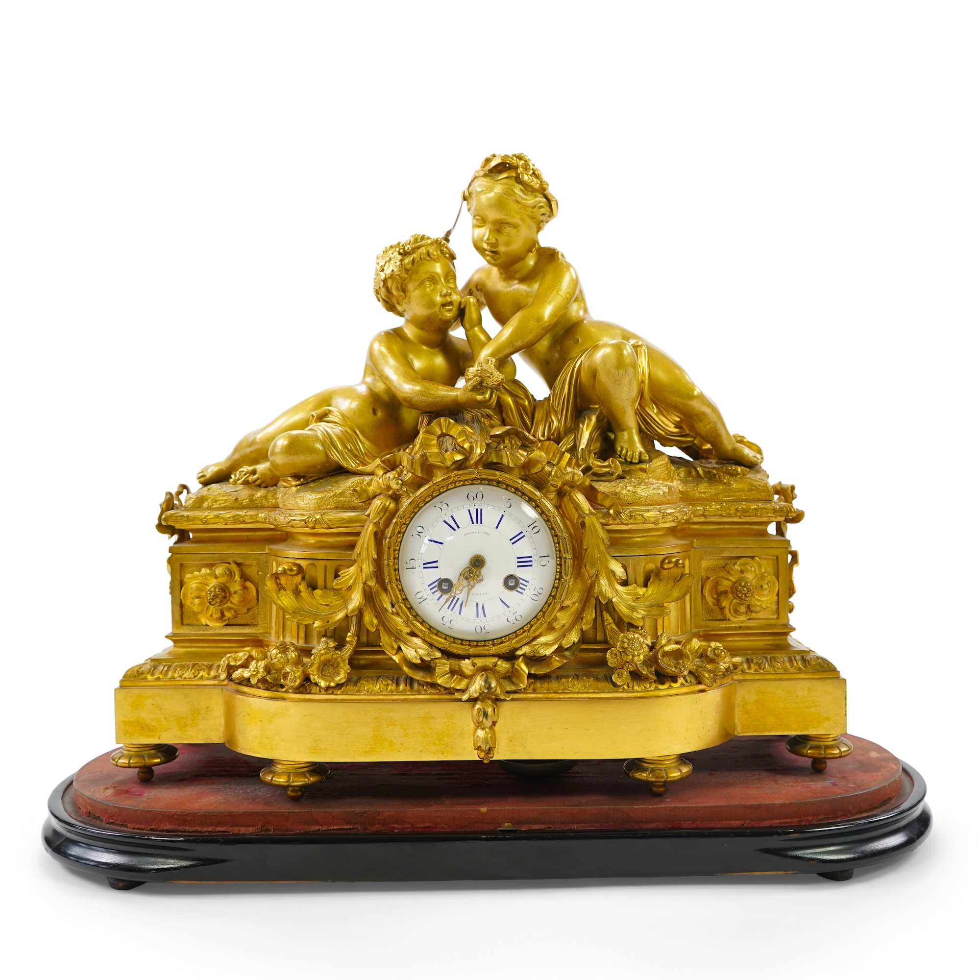 A late 19th century French gilt bronze figural mantel clock